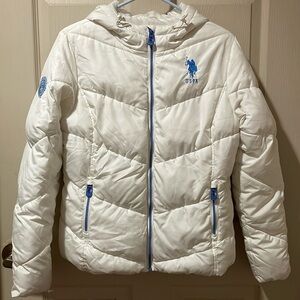 US Polo Assn Cream Puffer Jacket Blue Logo and Arm Patch
